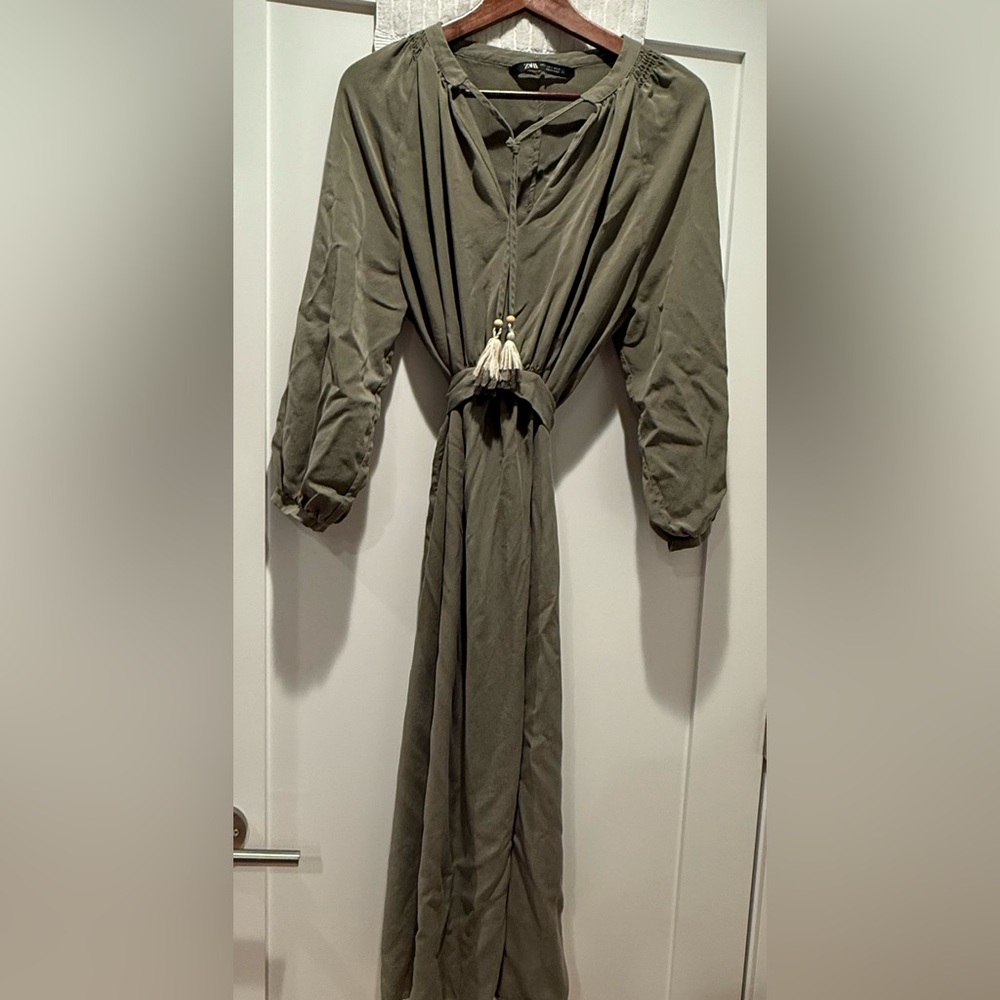 Olive Green Long-Sleeve Dress with Tassel Detail